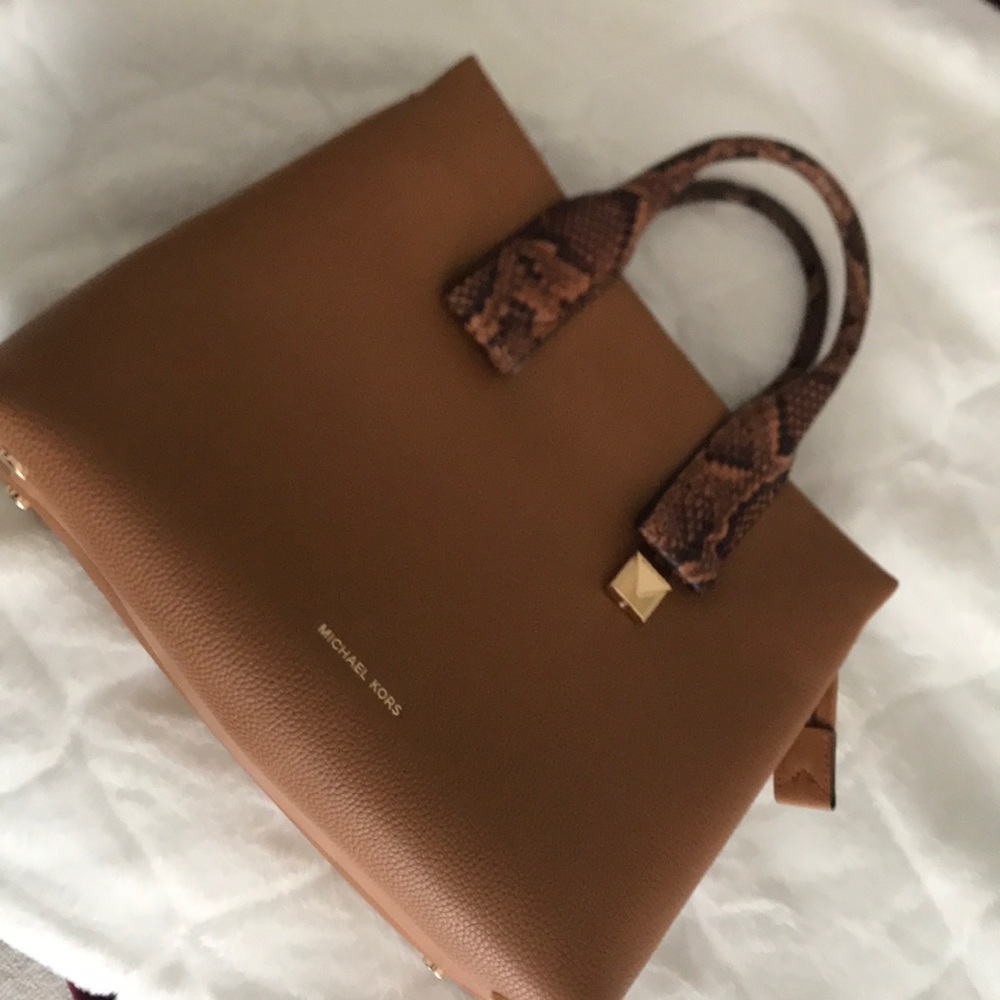 Michael Kors Tan Satchel with Snake Print Accents